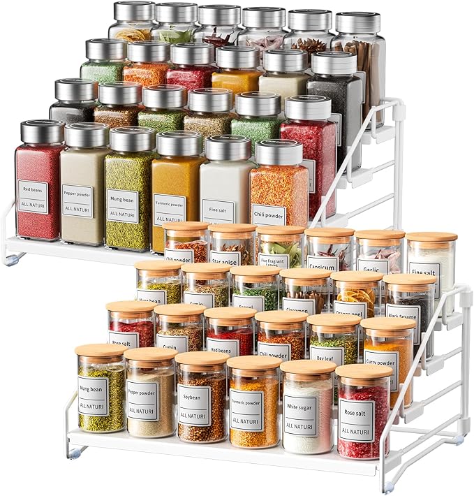 RCHYFEED Spice Rack Organizer for Cabinet,4 Tier Spice Organization for Cabinet Easy Visibility,Tierd Spice Rack Seasoning Organizer for Kitchen Countertop Pantry,Metal(White, 2Pack)