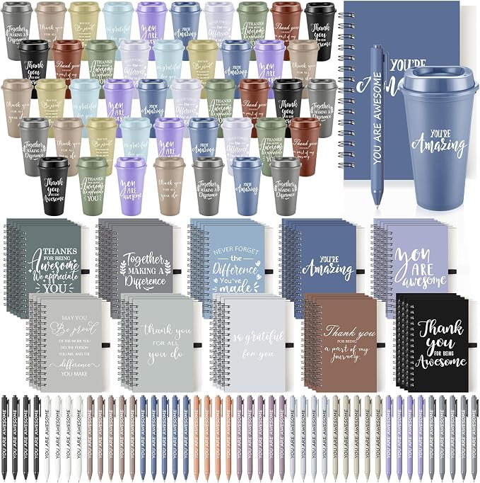 Teenyyou 135 Pcs Employee Appreciation Gift Set, 16oz Tumbler with Lid Notebook Pen Bulk Thank You Gift Holiday Party Favor for Teachers Office Coworker Teacher Staff Team (Dark Color,Delicate Style)