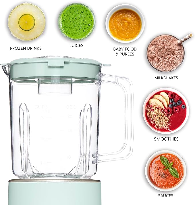 COOK WITH COLOR 300 Watt Blender: Powerful 2-Speed Control with Pulse, 4-Tip Stainless Steel Blades, 25oz (750ml) Jar, and Skid-Resistant Feet, Sage