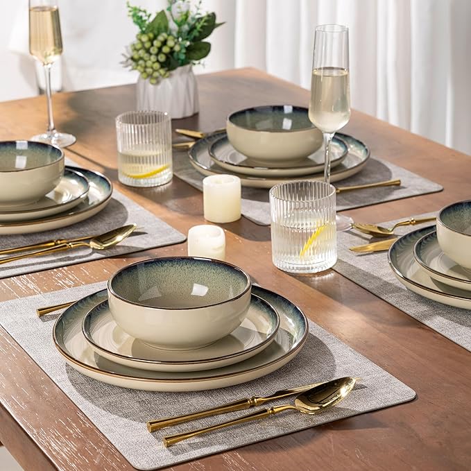 GBHOME 32 Pieces Stoneware Double Bowls Dinnerware Sets for 8, Ceramic Plates and Bowls Set with Reactive Glaze, Scratch Resistant Dishes Set, Dishwasher & Microwave Safe