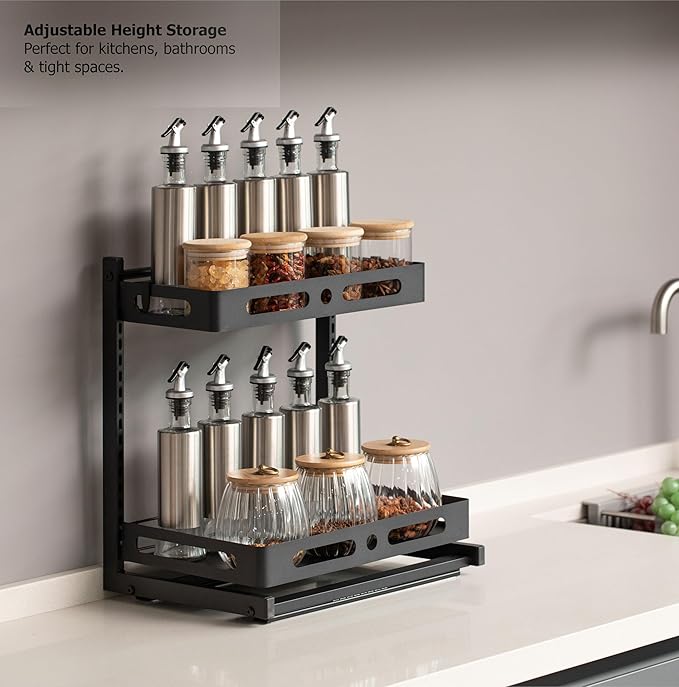 Basicwise Adjustable Height Under Sink Pull-Out Organizer 2-Tier Sliding Shelf Rack Heavy-Duty Mesh Baskets for Kitchen & Bathroom Cabinets Ideal for Tall Bottles Cleaning Supplies & Tight Spaces