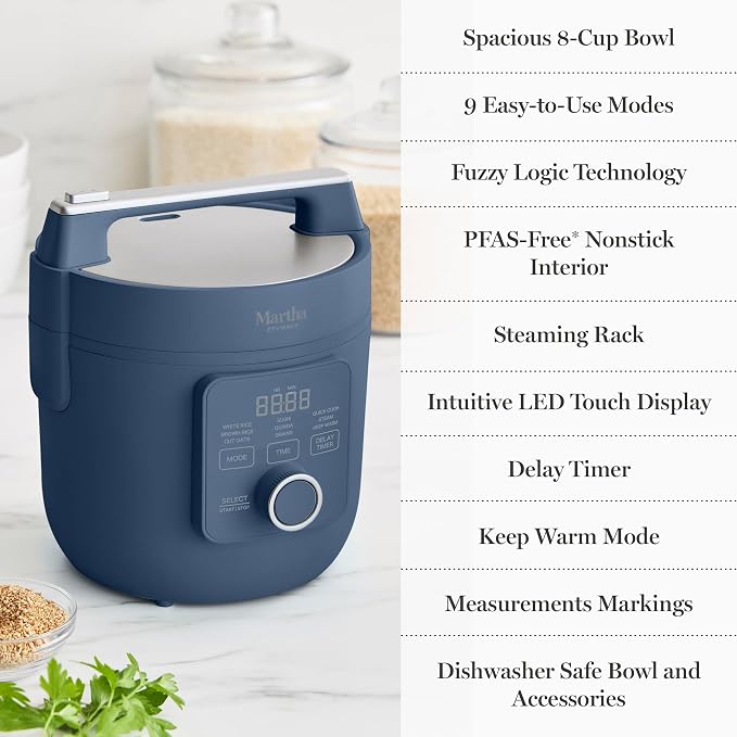 Martha Stewart Rice Cooker, 4 Cup (Uncooked) / 8 Cup (Cooked), Ceramic Non-Stick Removable Pot, Keep Warm, Measure Markings, Steam Basket, Brown & Sushi Rice, Quick Cook, Quinoa, Grains, Oats, Indigo Blue
