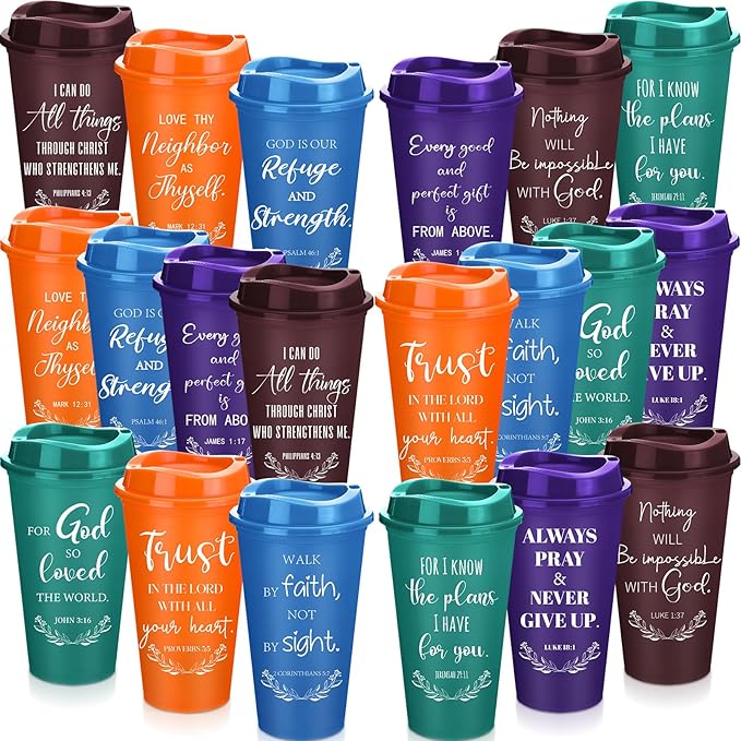 Skylety 40 Pack Bulk Christian Gifts for Men Women 16oz Reusable Bible Verse Tumbler Plastic Coffee Cup with Lid Inspirational Religious Church Gift for Teacher Graduation Party Favor (Retro Color)