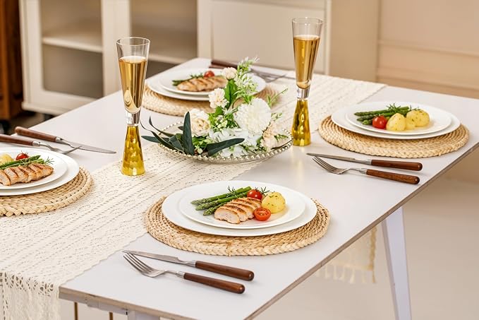 FHGNYSM Vintage Dinnerware Set for 4, 12-Piece Elegant Bone China Look Porcelain Plates and Bowls Set, Ivory Pattern Dish Set for Kitchen, Wedding and Housewarming Gift