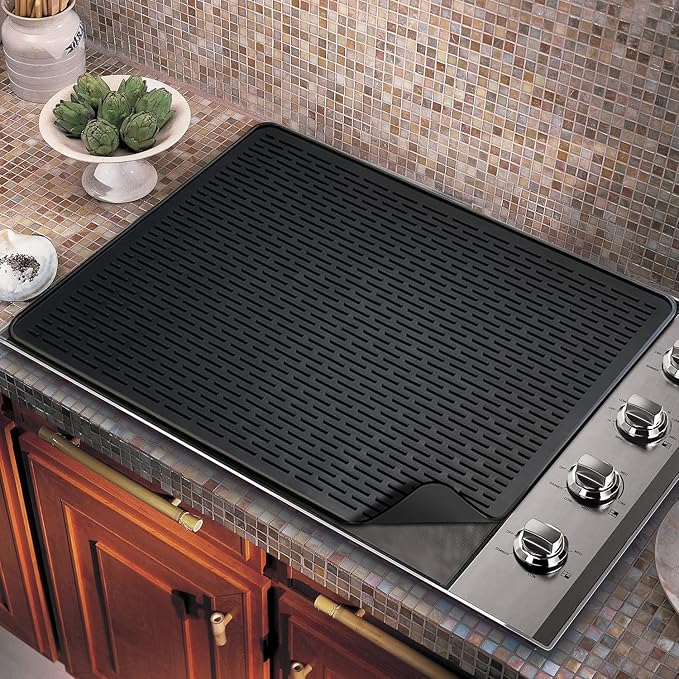 Golener Silicone Large Dish Drying Mat - 28" x 20" Stove Top Protector for Electric Stove, Food Grade, Foldable, Easy Clean, Heat-Resistant Mat for Glass Cooktop, Black