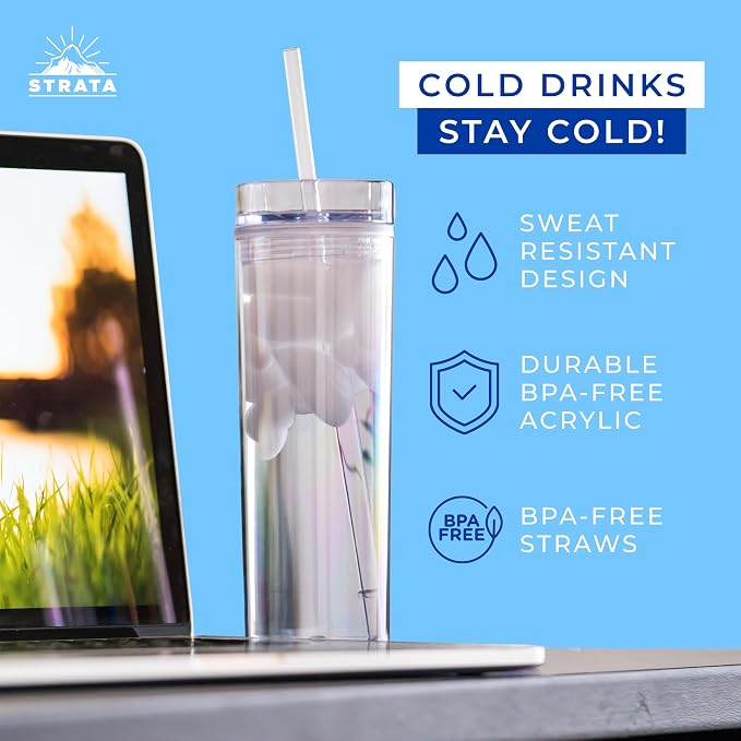 STRATA CUPS 12 Clear Skinny Tumblers with Lids and Straws | 16oz Reusable Cup Double-Wall Clear Tumbler with Lid and Straw, Durable Acrylic Tumblers With FREE Straw Cleaner & Name Tags