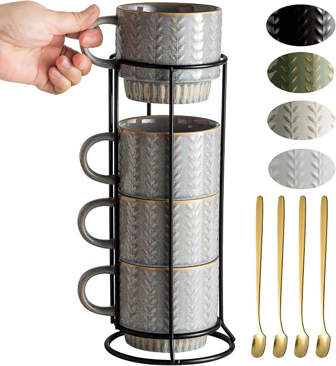 Miamolo Coffee Mugs Set of 4 with Stand and Spoons, Dishwasher Safe | Stackable, 13oz, for Espresso Drinks Latte Cappuccino Tea, Ceramic Coffee Cup for Housewarming Birthday Gift, Rustic