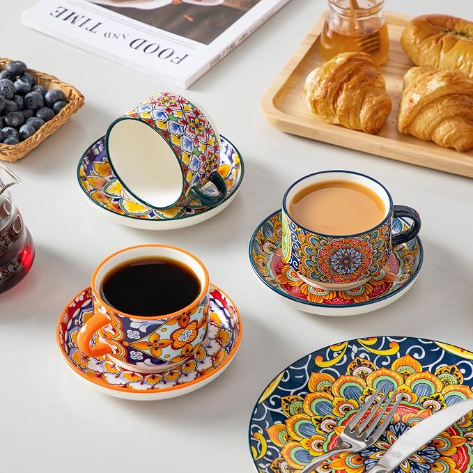 vancasso 8 Oz Stackable Espresso Cups with Saucers and Metal Stand Set of 4,Bohemian Ceramic Cappuccino Cups - Microwave and Dishwasher Safe, Perfect For Tea, Espresso, Latte, Cafe-03