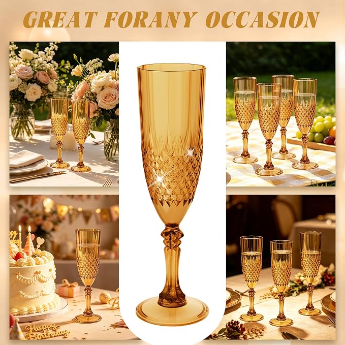 Plastic Champagne Flutes, Champagne Glasses Bulk, Reusable Unbreakable Acrylic Wine Glasses Goblets for Weddings Bachelor Parties Toasting Bridal Shower (12,Amber)