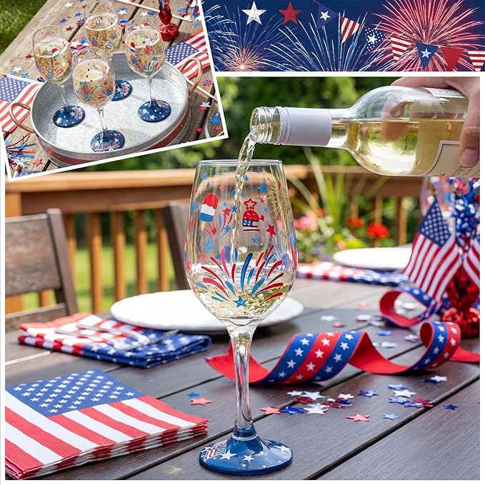 SiliFine 4 Pcs Patriotic 4th of July Stemmed Wine Glasses Hand Painted USA American Fireworks Star Drinking Cup Wine Glasses Gifts for Independence Day Birthday Theme Holiday Party Supplies