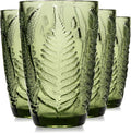 Green Drinking Glasses Set of 4, 12 oz Vintage Hand-Pressed Glass Cups, Fern Textured Highball Tumblers, Antique Style Boho Glassware for Water, Juice, Cocktails & Mocktails, Housewarming Gift Set