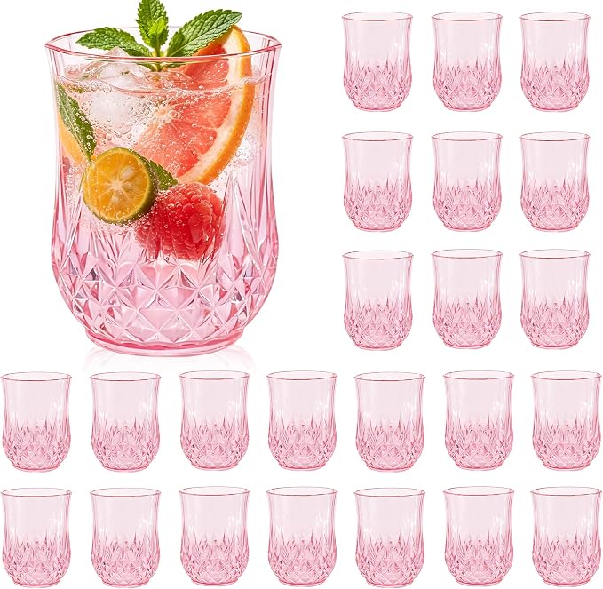 24 Pack Plastic Stemless Wine Glasses,12oz Unbreakable Vintage Elegant Drinking Glass Set,Reusable Fancy Cocktail Cups for Party, Wedding, and Bulk Events (24, 12oz-Pink)