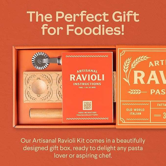 Cooking Gift Set Co. Artisanal Ravioli Maker Press, Wooden Ravioli Mold & Pasta Maker, Ravioli Press, Pasta Cutter Wheel, Ravioli Maker Tool, Guide Pasta Making Tools Set for Homemade Pasta (3 Piece)