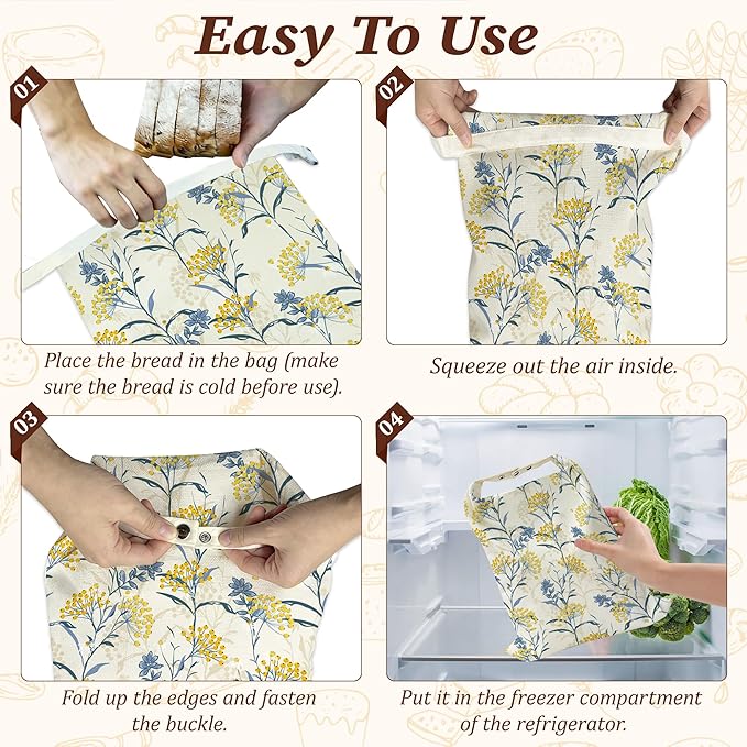 Bread Bags for Homemade Bread, Yellow Berries Leaves 2 Pack Linen and Beeswax Sourdough Storage Bags, Reusable Keeper, Keeps Breads Fresh Longer, Gifts for Bakers