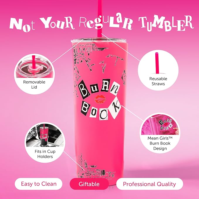 Dragon Glassware x Mean Girls Burn Book Tumbler with Straw & Lid, 24 oz | Vacuum Insulated Stainless Steel Tumbler with Straw & Lid; Double Walled Tumbler; Official Mean Girls Cup