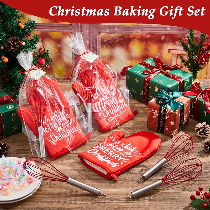 LemonRoad 12 Sets Christmas Whisk Baking Gift Set Xmas Silicone Whisks Oven Mitt Pot Holder Greeting Cards Ribbon Bags for Holiday Kitchen Utensils Cooking Supplies Neighbor Gift(Exquisite,Red)