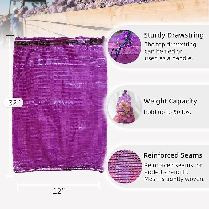 Mesh Firewood Bags 22"×32" 150 Per Pack Crawfish Sacks, Firewood Bags for Selling, Onion Bag Storage Potato Sacks Mesh Wood Bag Bulk (Pack of 150)
