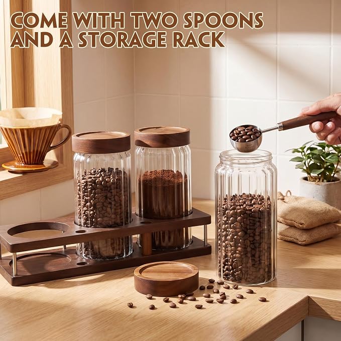 Suclain 3 Pcs 44 oz Glass Coffee Grounds Container with Shelf Glass Coffee Bean Storage Canisters with Airtight Lid and Measuring Spoon Food Storage Jars for Kitchen Sugar (Trendy Style)