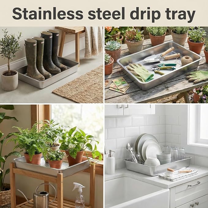 Suclain 2 Pack Stainless Steel Boot Trays for Entryway Under Sink Mat Tray Litter Box for Kitchen Cats Cabin Bathroom Office Storage Decoration, 20 x 14 x 4 in, Non-Slip Rubber Feet(20 x 14 x 4 Inch)