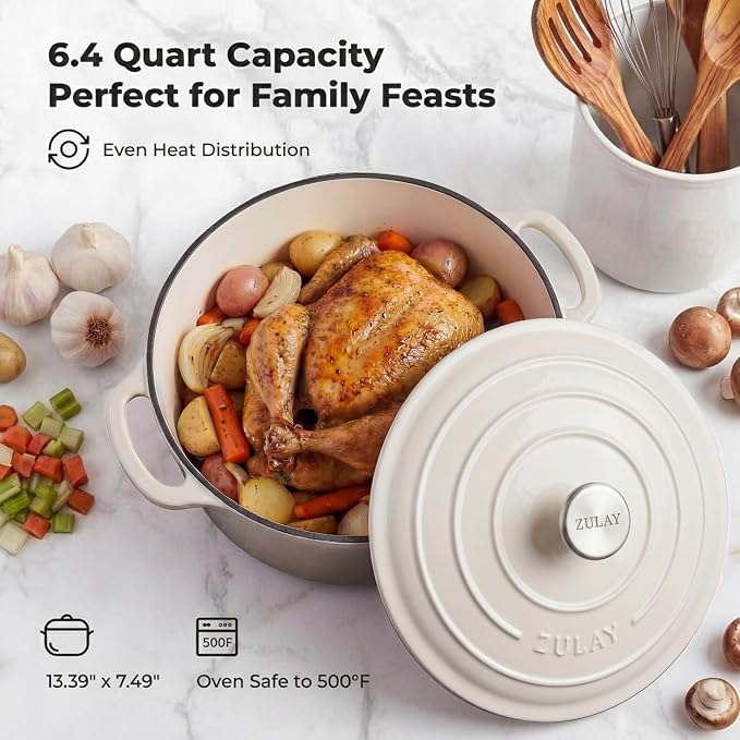 Zulay Kitchen 6.4QT Enameled Cast Iron Dutch Oven Pot with Lid, Heavy-Duty Soup Pot for Stews, Braising, Roasting & Sourdough Bread Baking, Oven Safe up to 500°F - White