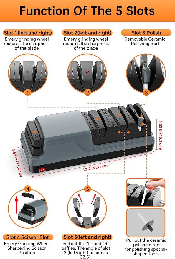 5 in 1 Electric Knife Sharpener Multifunction, Professional Knife Sharpener Electric for Sharpening and Polishing, Quick Restore Kitchen Knives and Scissors, Grey