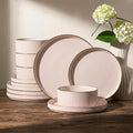 Famiware Star 12-Piece Stoneware Dinnerware Set for 4 – Pink, Ribbed Ceramic Plates and Bowls with Rim – Modern Rustic Dishes, Everyday & Formal – Chip & Scratch Resistant, Microwave & Dishwasher Safe