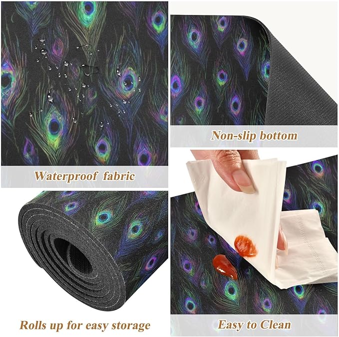 2 in 1 Table Runner Trivet for Hot Pots and Pans Heat Resistant Non Slip Waterproof 39 x 12 Inch Decorative Table Protector for Kitchen Countertop Black Mardi Gras Feathers