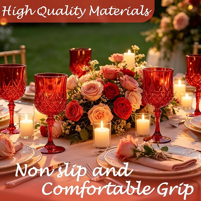 Plastic Wine Glasses, Plastic Goblets Vintage Style Cordial Unbreakable Drinking Glasses, Reusable Drinkware for Wedding Reception, Grand Event Party Supplies (24, Red)