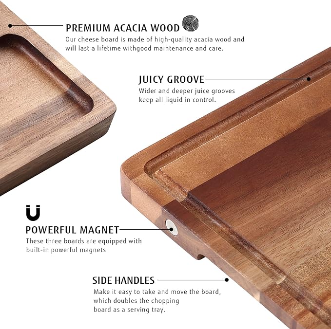 hecef Extra Large Charcuterie Board Set, 3-in-1 Magnetic Acacia Wood Cheese Platter with Storage Bag, Outdoor Picnic Serving Tray for Housewarming, Wedding, Anniversary, Birthday, Feast