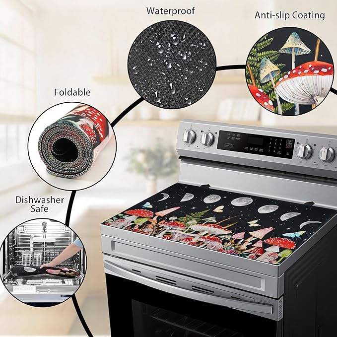 Farmhouse Mushroom Stove Top Covers for Electric Stove 20x28 Inch Farmhouse Heat Resistant Glass Top Stove Cover Washable Foldable Cooktop Protector