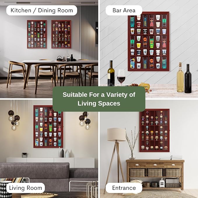 Shot Glass Display Cabinet Solid Wood - Large Display Case for Collectibles | Man Cave Accessories | UV Protection Acrylic Door | Wall Mounted Black Shadow Box (26 x 18 Mhg)