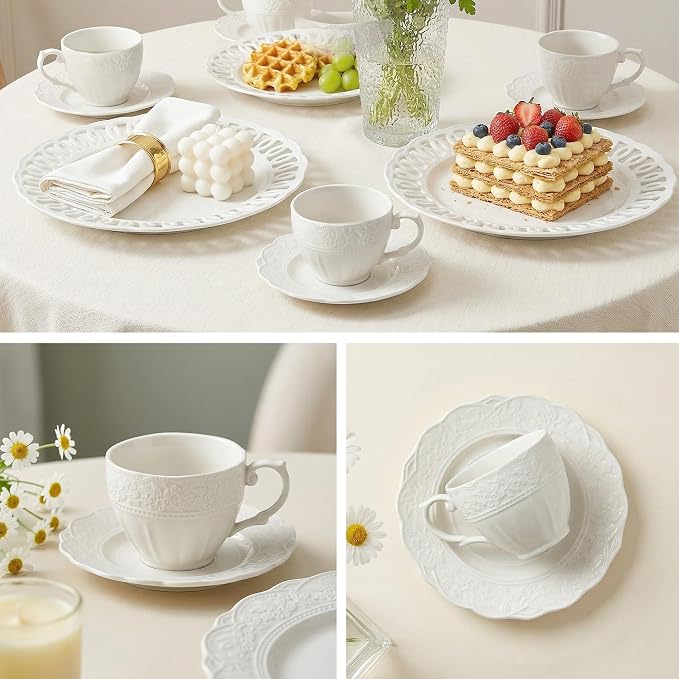 6 oz White Cappuccino Mug - Bone China Floral Ceramic Coffee Cup with Saucer - Microwave and Dishwasher Safe, Perfect For Tea, Espresso, Latte - Elegant Set for Kitchen or Cafe, Baristas, Great Gift