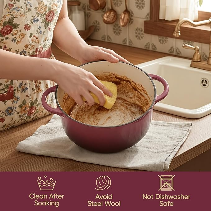 6 Quart Dutch Oven Pot with Lid, Non Stick Enameled Cast Iron Dutch Oven for Bread Baking, Heavy-Duty, Oven Safe Ceramic Cookware Up to 500°F for Baking, Braising, Stews, Roasting, Rose