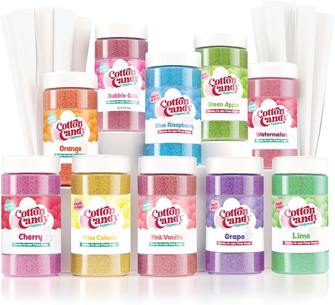 Cotton Candy Express Floss Sugar and Cones Variety Pack with 10 - 11oz Plastic Jars of Assorted Flossing Sugars, Plus 100 Paper Cones. Use With Cotton Candy Express Countertop Machine