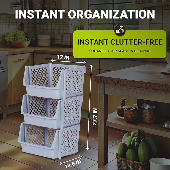 TidyFriend 3 Pk Large Stackable Storage Bins Open Front for Pantry Organizers & Storage, Pantry Storage for Food, Kitchen & Home Organization, Plastic Storage Bins, Dorm Room Essentials (Light Grey)