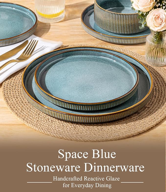 GBHOME 24-Piece Stoneware Dinnerware Set for 8 – Ribbed Ceramic Plates and Bowls, Scratch-Resistant, Microwave & Dishwasher Safe, Reactive Glaze-Space Blue