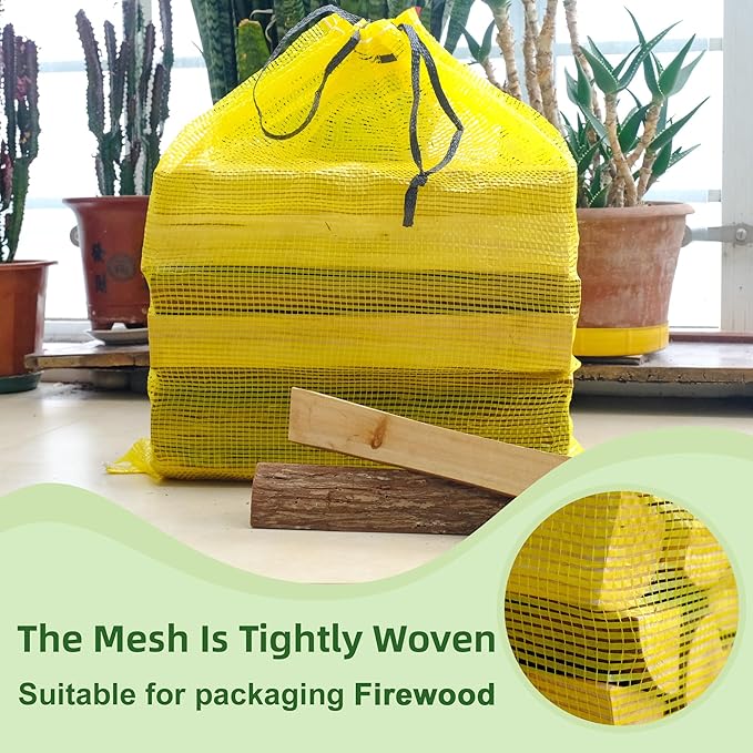 Mesh Firewood Bags 22"×24" 300 Per Pack Crawfish Sacks, Firewood Bags for Selling, Onion Bag Storage Potato Sacks Mesh Wood Bag Bulk, Yellow (Pack of 300)