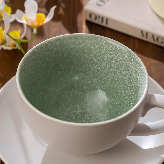 Ceramic Coffee Cup and Saucer Set, 10oz Speckled Sage Green Inner Latte Art Mug, Barista Cappuccino Tea Cup, Microwave & Dishwasher Safe, Modern Home Cafe Gift, Matte Grayish White