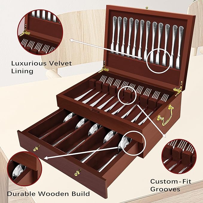 Silverware Storage Box Solid Wood with Lid, Silverware Organizer with Handle and Felt Lined, Silverware Storage Chest for Flatware and Utensils Home Decor Gift, Chest for Flatware (Walnut, 2 Layer)