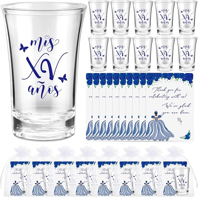 Havawish 50 Sets Quinceanera Party Favors for Guests Quinceanera Acrylic Clear Personalized Shot Glasses Thank You Cards with Organza Bags Mis Xv Años Sweet 15 Birthday Party Favors (Blue)