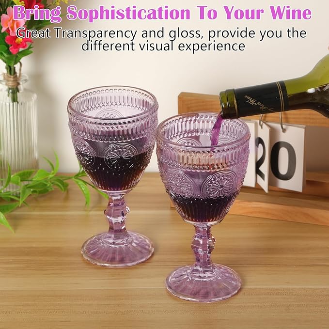 Pack of 12 Glass Goblets Wine Glassware, 10 oz, Purple | Wine Glasses, Not Dishwasher Safe,Wedding Glass Set, Embossed Drinking Glasses Cups for Thanksgiving Wedding Party Bar