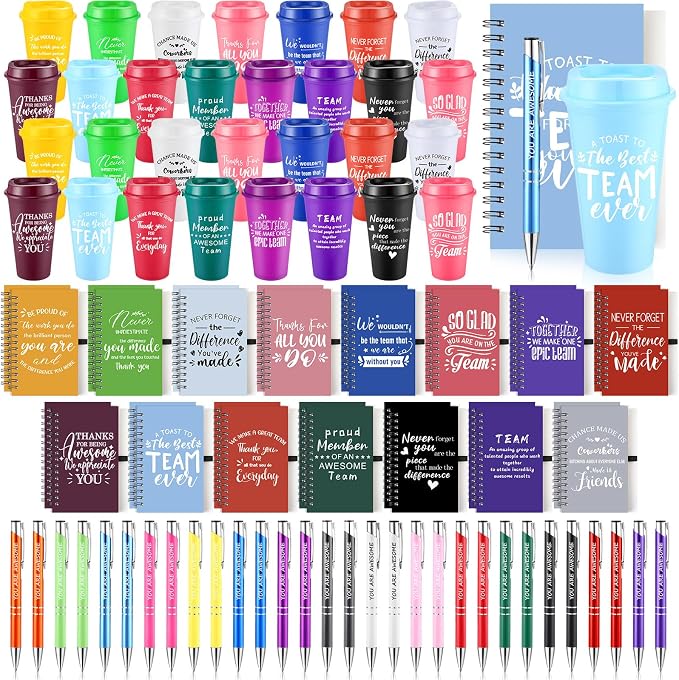 Teenyyou 90 Pcs Employee Appreciation Gift Set, 16oz Tumbler with Lid Notebook Pen Bulk Thank You Gift Holiday Party Favor for Teachers Office Coworker Teacher Staff Team (Multi Color,Elegant Style)