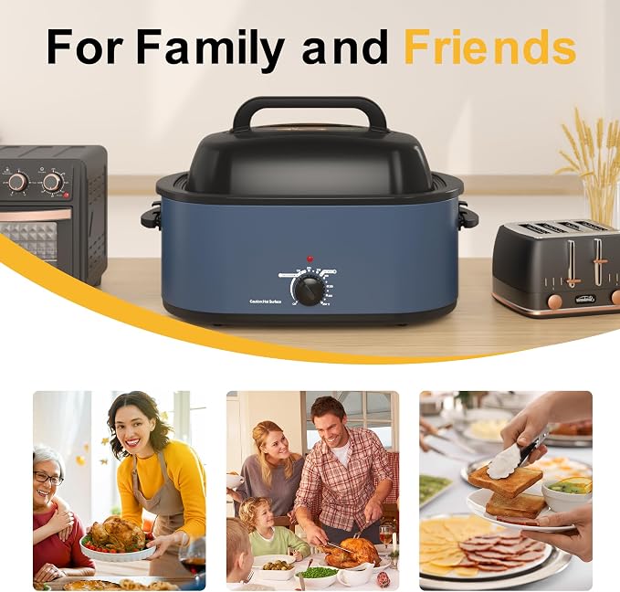 24 Quart Electric Roaster Oven with Visible & Self-Basting Lid, Large Turkey Roaster Oven with Defrost & Warm Function, Adjustable Temperature, Removable Pan & Rack, Stainless Steel, Blue