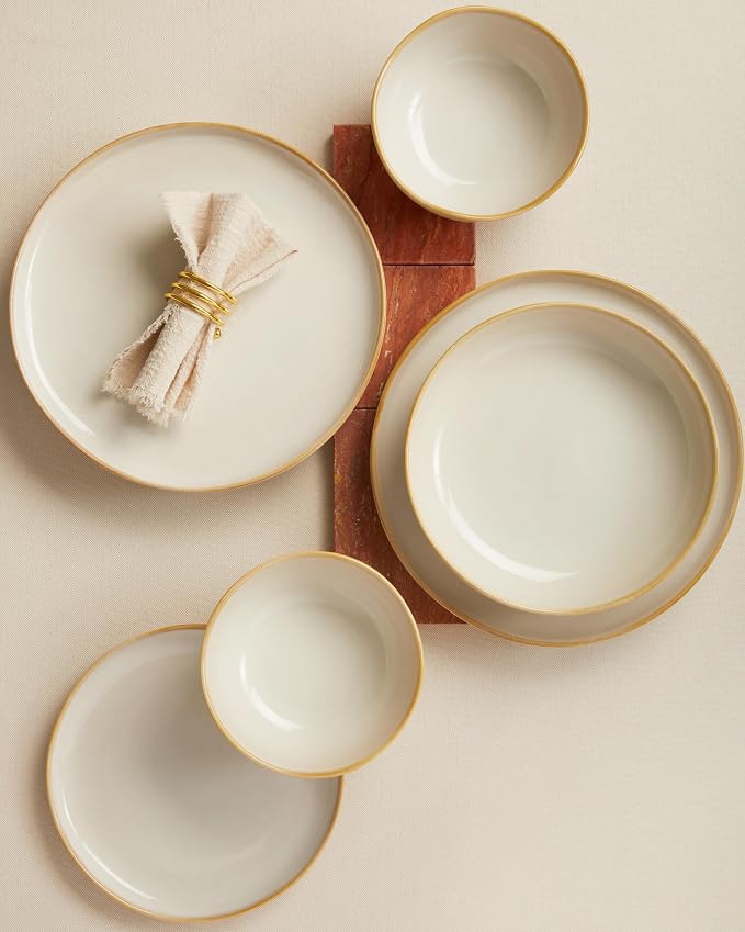 Pokini Plates and Bowls Sets for Family of 6, Ceramic Dinnerware Sets, Kitchen Dish Set, Microwave & Dishwasher Safe Dishware, Highly Durable Reactive Glazed Dinner Set, Yellow White