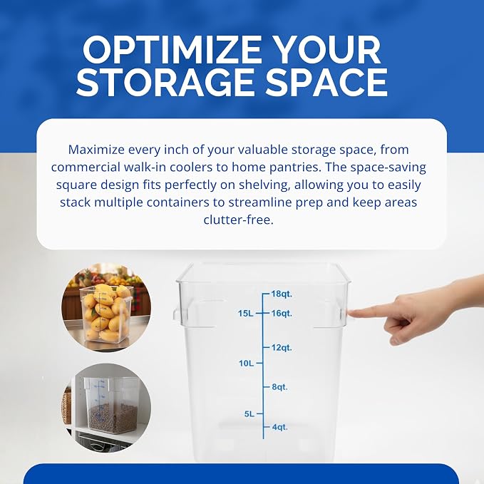 FSE 373-FC18C Food Container, 18 Qt Square Clear Storage Container with Measurement Markings, Stackable Space-Saving Design, Durable Construction, NSF, Lid Sold Separately