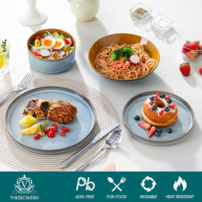 ONION Ceramic Plates and Bowls Sets for 6, 24 Pieces Stoneware Dinnerware Sets for Kitchen, Reactive Glaze Dish Set, Dishwasher and Microwave Safe, Light Blue