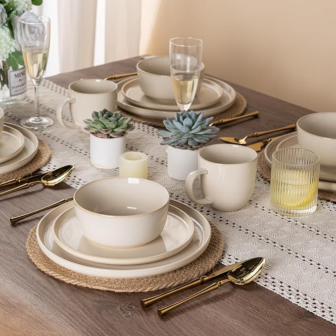 GBHOME Dinnerware Sets for 4, 12 Pieces Stoneware Plates and Bowls Sets, Scratch Resistant Dishes, Dishwasher & Microwave Safe, Reactive Glaze-Vanilla color