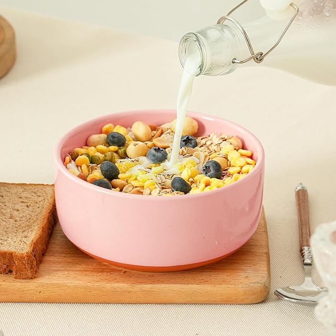Stoneware Cereal and Soup Bowls Set of 4, 6-Inch Dual Glaze Ceramic Bowls for Breakfast & Oatmeal, Microwave and Dishwasher Safe, Pink