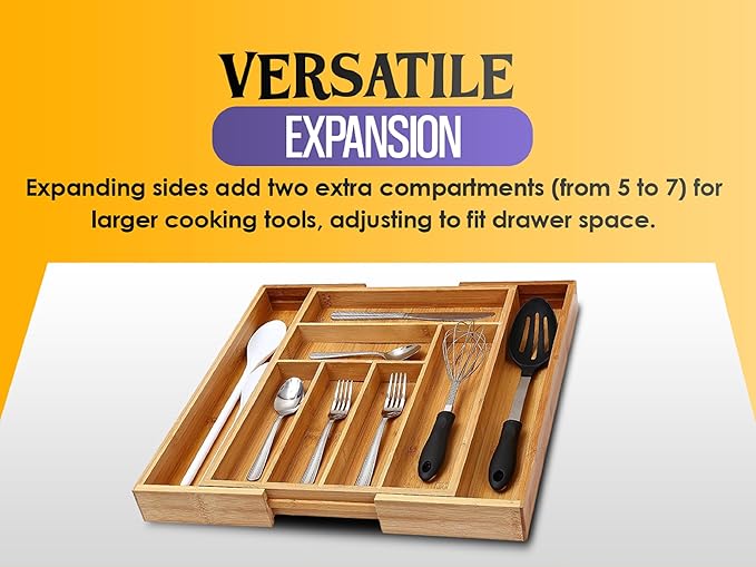 YBM Home & Kitchen Expandable 6-compartment Kitchen Utensil, Flatware, Cutlery Drawer Organizer Tray Size 18" width (12.5" wide closed), 17." Length, 2" Height. Item No.339