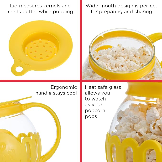 Ecolution Patented Micro-Pop Microwave Popcorn Popper with Temperature Safe Glass, 3-in-1 Lid Measures Kernels and Melts Butter, Made Without BPA, Dishwasher Safe, 1.5-Quart, Yellow (Pack of 4)
